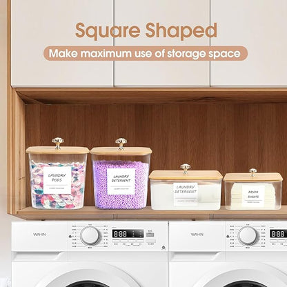 4 Pack Laundry Room Organization Storage Containers, Plastic Clear Laundry Pods Container & Dryer Sheet Holder Jars with Lids, Scoops & Labels for Detergent, Powder, Dryer Balls, Beads