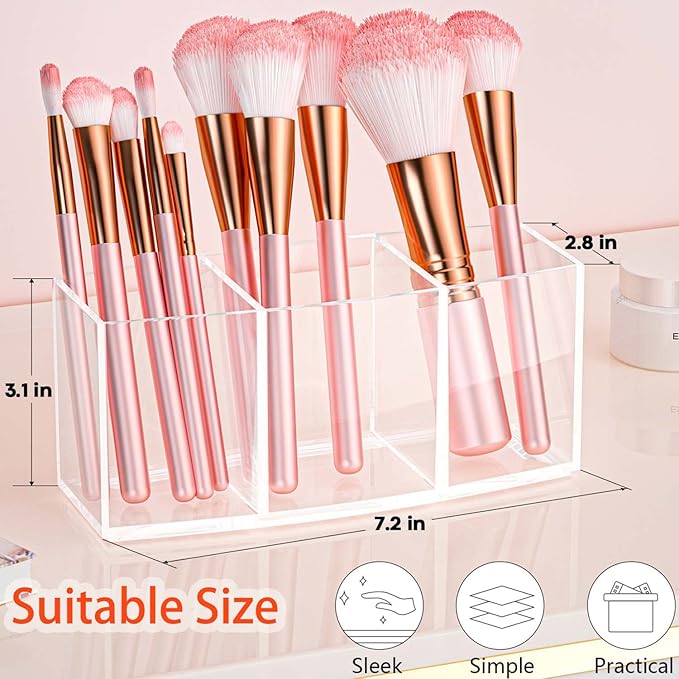 Clear Makeup Brush Organizer, Acrylic Cosmetic Brushes Storage with 3 Slots,Perfect Pen Holder for Desk