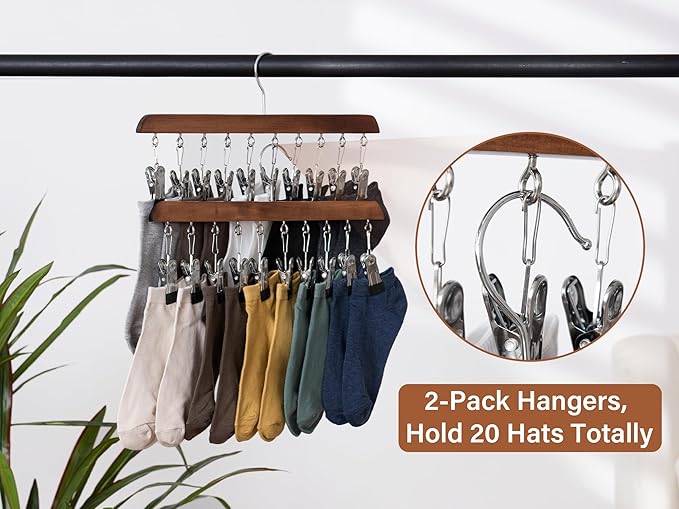 StorageWorks Hat Rack, Closet Organizer and Storage for Baseball Caps,Set of 2 with 10 Adjustable Stainless Steel Clips, Fits All Caps, Natural Walnut Color