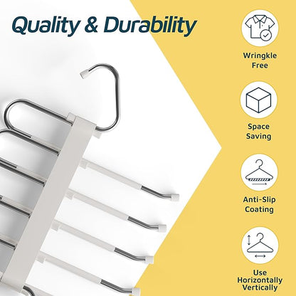 Lifemaster Space Saving Pants Hangers 2 Pack, 6 Layer Jeans Hangers & Closet Organizer for Jeans, Scarves, & Skirts, Multi-Layer Hanger with Anti-Slip Stopper, Heavy-Duty S-Type Stainless Steel, White