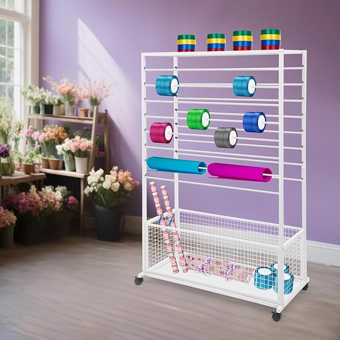 16-Tier Double-Sided Ribbon Holder Organizer Rack with Storage Basket & Wheels, Multifunctional Flower Wrapping Paper Display Stand for Craft Rooms, Flower Shops (White, 39.37''W x 12.6''D x 59.06''H)