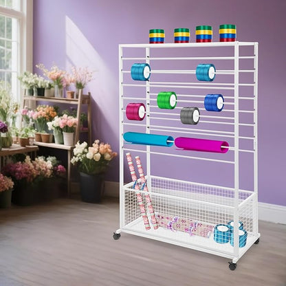 16-Tier Double-Sided Ribbon Holder Organizer Rack with Storage Basket & Wheels, Multifunctional Flower Wrapping Paper Display Stand for Craft Rooms, Flower Shops (White, 39.37''W x 12.6''D x 59.06''H)