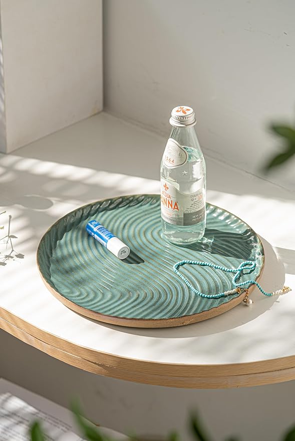 Vanity Tray with Brown Trim - Candle & Perfume Holder Organizer - Round, Green, 11"11" - Home Decor for Dresser, Table, Bathroom Countertop