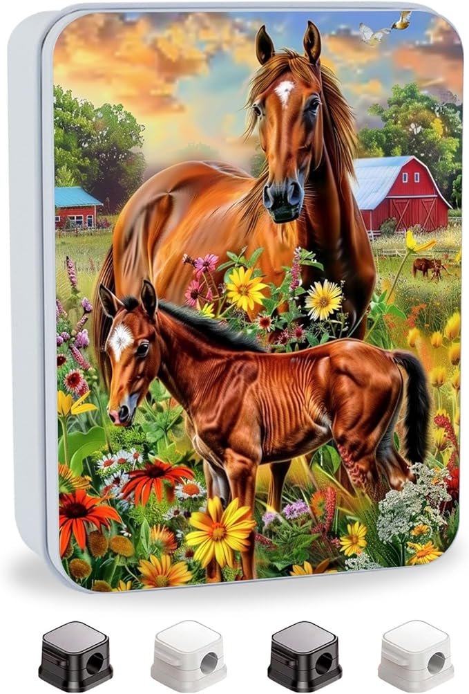 Metal Tin Box with Lid for Game Cards Home Organizer Candles Keys Crafts Storage - Equipped with 4 Magnetic Cord Clips，Horses and flowers