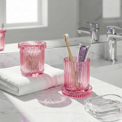 2 Pack Qtip Holder - Apothecary Jars with Lids, Bathroom Organizers and Storage Canister for Cotton Balls,Swabs,Floss Picks,Hair Ties,Clear Glass Vintage Bathroom Decor Jar Set (Pink)