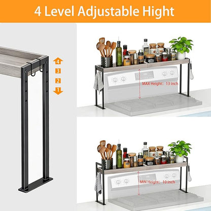 Spice Rack Shelf for Kitchen Stove, Over The Stove Shelf with 4 Level Adjustable Height, Over Stove Spice Rack with 4 Hooks, Grey + Black