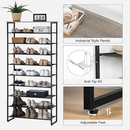 HOOBRO 10-Tier Shoe Rack for Entryway, 29.5" L Shoe Storage Organizer, Large Capacity Shoe Shelf for Closet, Front Door Entrance, Hallway, Holds 36-40 Pairs of Shoes, Greige and Black BG107XJ01