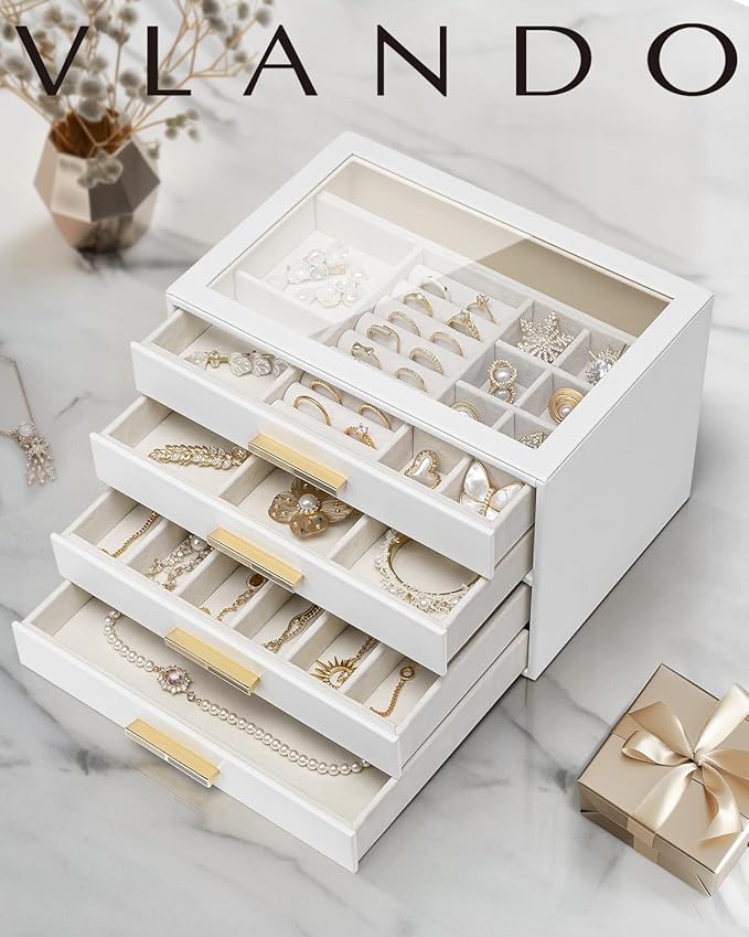 VLANDO Jewelry Box for Women, Glass Lid Jewelry Organizer with 4 Drawers for Necklaces Rings Earrings Bracelets Christmas Gift - White