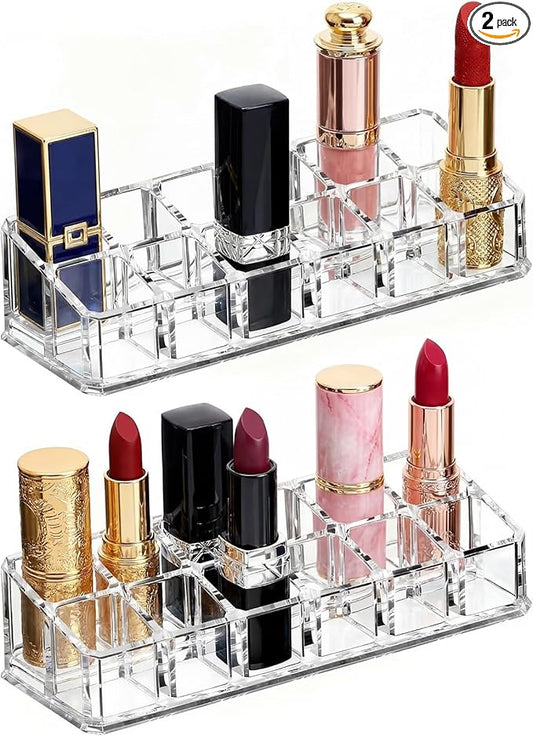 2 Pack 12 Slot Clear Acrylic Lipstick Organizer, Lip Stick Gloss Holder for Drawer