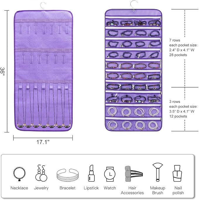 Dualsided Hanging Jewelry Organizer with 40 Zippered Pockets and 20 Hook Loops Necklace Holder Jewelries Organizer for Earrings Bracelets Rings with 360 Degree Rotating Hanger (40 Zippered