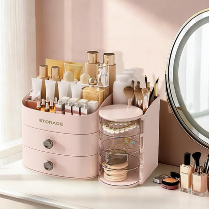 XIAPIA Makeup Organizer Countertop, Make Up Organizer for Vanity, Skincare & Cosmetic Organizers with Drawers, Bathroom Organizers Storage for Brush Holder|Lipstick|Jewelry, Ideal Gift for Women PINK