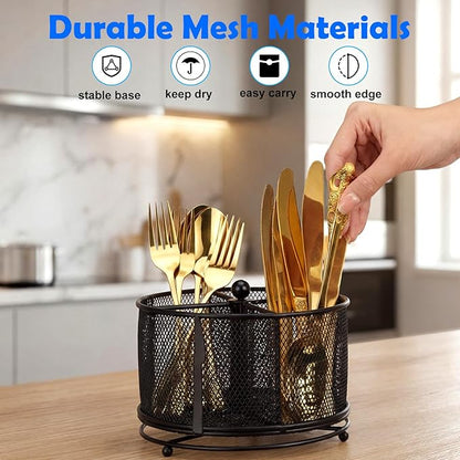 360° Rotating Silverware Utensil Caddy Holder with 4 Compartments Black Metal Mesh Silverware Caddy for Spoon Fork Holder Party Kitchen Countertop Buffet Picnic Camping Outdoor Barbecue