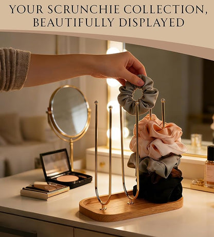 NEWLOOP Scrunchie Holder for Women - Triple Storage 3 Rotating Rods 6-Arm Hair Accessory Organizer with Jewelry Tray Wood & Metal Collection Holder Gift for Loved Ones Natural
