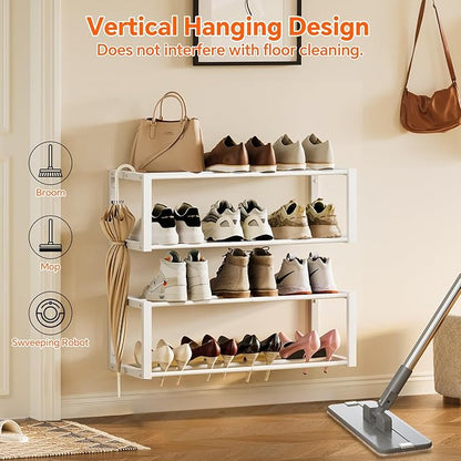 Homeiju Hanging Shoe Organizer,2 Pack Wall Mounted Shoe Rack Holds 12 Pairs,Space Saving Metal Wall Shoe Rack,Hanging Shoe Rack Shoe Holder for Small Space,Entryway,Closet,RV,Camper (White