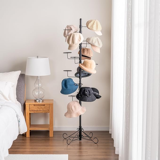 MyGift 5.5 Foot Modern Freestanding Black Metal Hat Organizer Rack, 360 Degree Rotating Wig or Cowboy Hat Display Stand with 20 Circular Hooks