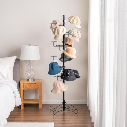 MyGift 5.5 Foot Modern Freestanding Black Metal Hat Organizer Rack, 360 Degree Rotating Wig or Cowboy Hat Display Stand with 20 Circular Hooks