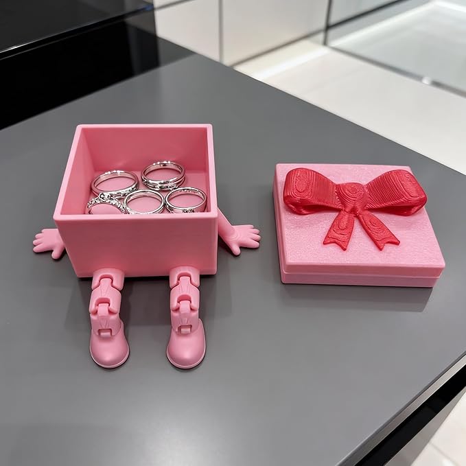 Cute Pink Gift Box Jewelry Box with Articulated Legs, 3D Printed Mini Decorative Storage Organizer for Valentine's Day, Birthday, Christmas