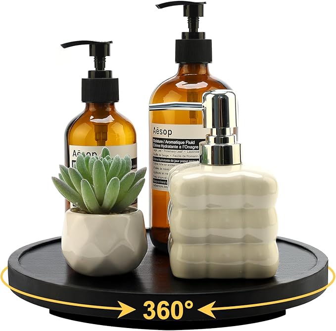 Black Wooden Bathroom Tray Round Perfume Dresser Trays for Vanity Small Wood Lazy Susan Turntable for Table Decorative Kitchen Sink Soap Holder Rotating Bathroom Countertop Decor Organizer Accessories