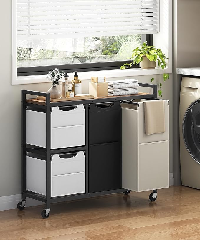 HOOBRO Laundry Sorter with 4 Section, 39 Gal. (147 L) Laundry Hamper with Wheels, Rolling Laundry Basket with Shelf, Pull-Out Detachable Bags, Side Pockets, Rustic Brown, Black and Beige BFE14XY01N1