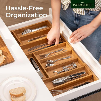 keechee 6-Piece Bamboo Drawer Organizer Set, 2.2" Deep Multi-Use Organizers for Utensils, Silverware, Cutlery, Desk, Bathroom, Junk Drawer & Makeup, Non-Slip Feet Included.