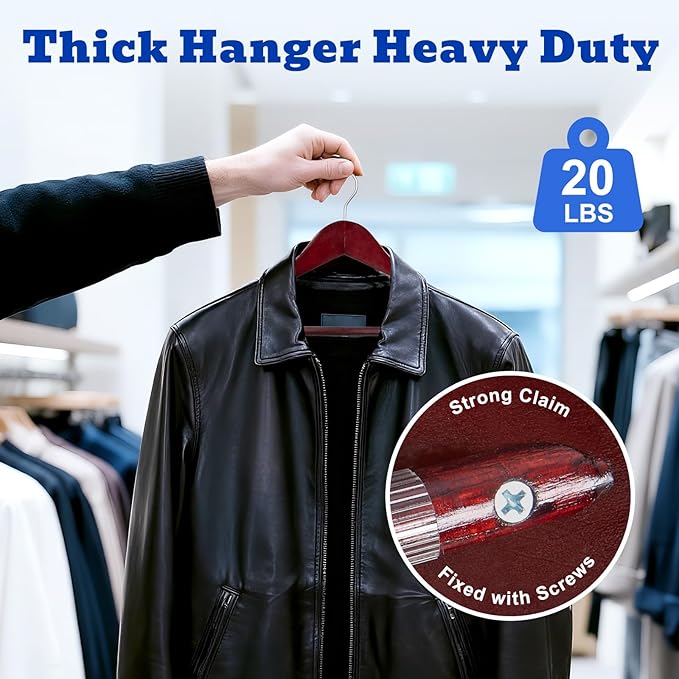 HOUSE DAY Wood Suit Hangers for Men, Wide Shoulder Wooden Hangers with Non Slip Pants Bar, Smooth Retro Finish 360° Swivel Hook Solid Wood Coat Hangers for Heavy Clothes Hanger 6 Pack (Cherry Wood)
