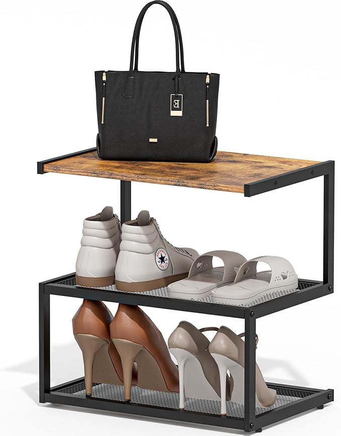 Shoe Rack, Unique 5-Shaped Free Standing Shoe Shelf, 3-Tier Wooden Shoe Organizer with Wooden Top and Steel Frame for Front Door Entrance, Entryway, Hallway, 16.54" D x 10.24" W x 16.14" H