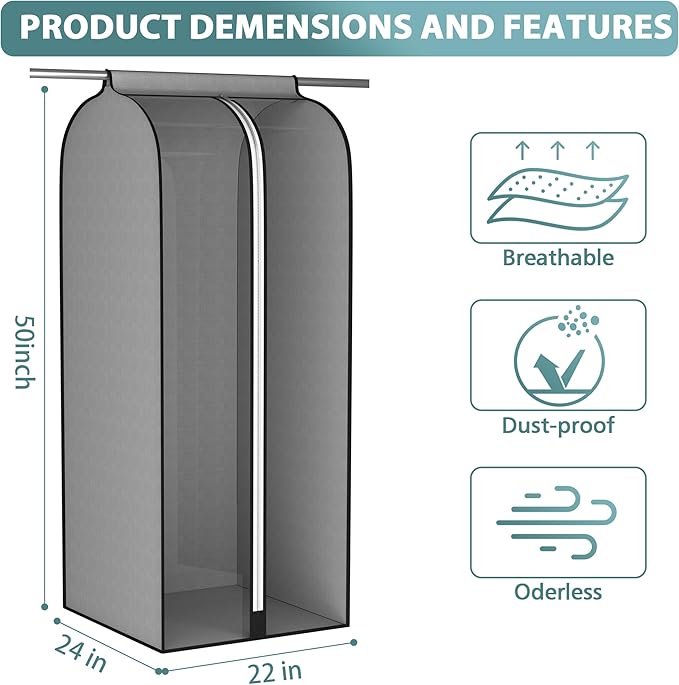 Liuoud 22” Gusseted Garment Bags for Hanging Clothes, Large Clear Window Clothes Cover for Closet Storage, Wardrobe Coat Protector for Suit, Shirt Long Dress, Bottom Enclosed, 2 Pack, 50” Long