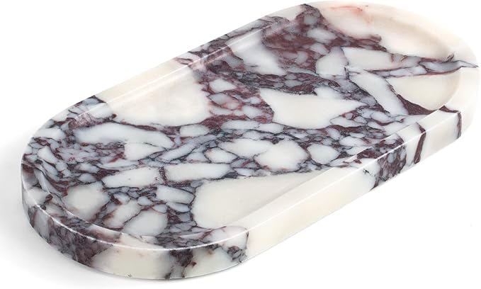 YMXYJM Real Natural Marble Tray for Bathroom, Luxury Calacatta Viola Stone Vanity Tray, Decorative Oval Trays for Countertop Storage Organizer, Dresser, Kitchen, Home Decor, 11.8" x 6", Purple