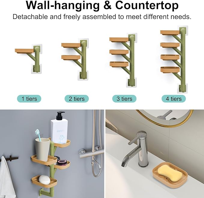 Soap Holder Four Layer Wall Mounted NO-Drilling Rotatable Self-draining Removable Soap Dish for Shower Bathroom Tray,Self Draining Sponge Holder,Razor Holder (Yellow/Green)