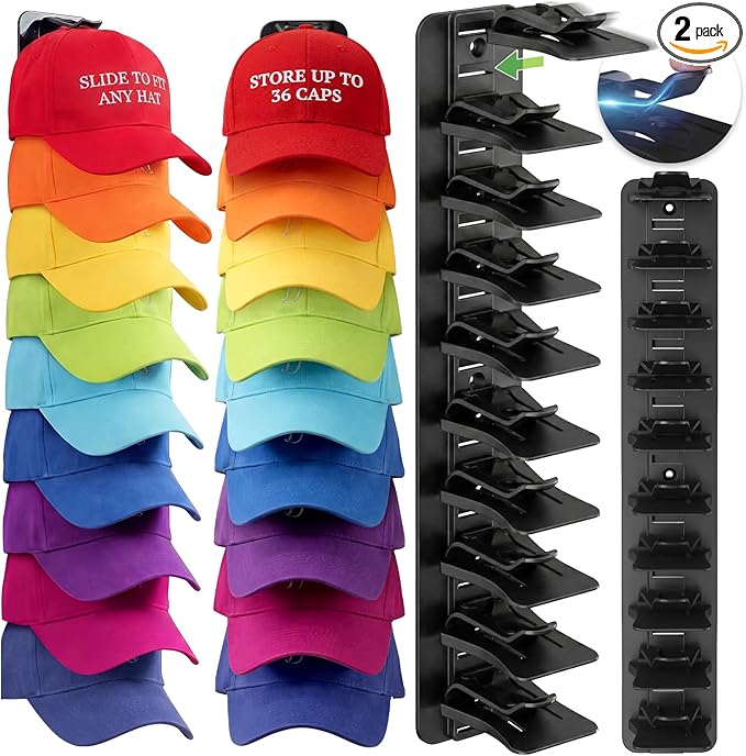 DIY 2Pack Hat Organizer – Holds 36 Hats (18 Each), Adjustable Clips, Adhesive or Screw Mount, for Baseball Caps & Snapbacks, Space-Saving Cap Holder & Hat Storage Wall Rack for Closet & Door, Black