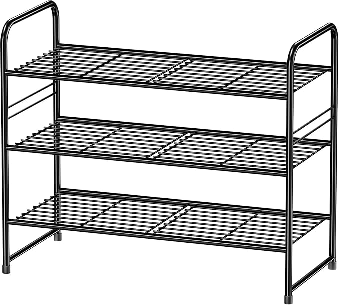 Simple Shoe Rack, 3 Tier Heavy Duty Metal Shoe Shelf 27 Inch Wide, Black