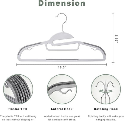 BAGAIL Plastic Hangers 50 Pack with Non-Slip Design,0.2 Inches Thick, 360°Swivel Hook Space Saving Organizer for Bedroom Closet,Shirts,Pants(Grey- S Shaped)