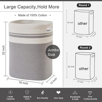 OIAHOMY Laundry Hamper, Tall Cotton Decorative Blanket Storage Basket with Handles for Living room,Collapsible Large Baskets for Toys,Pillows,Clothes Organizer-16x13x22in-Gray