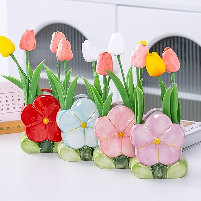 1 PC Flower Makeup Storage Box Ceramic Blossom Five Petals Pen Holder Pen Holder Desktop Storage Box (Purple)