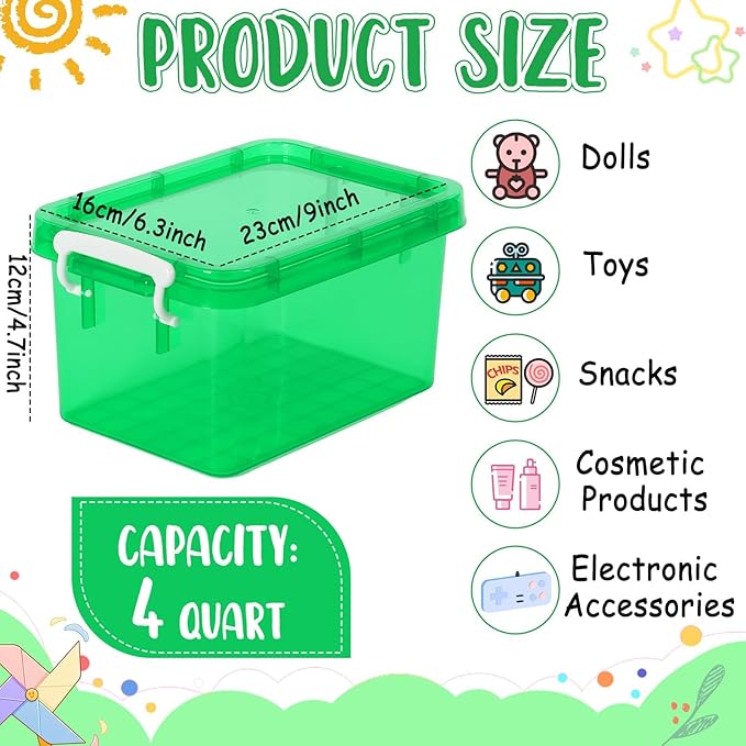 6 Pack 4 Quart Colorful Plastic Storage Bins with Lids Stackable Storage Bins with Latching Lids Handle Clear Colored Storage Organizer Bins for Home Office Pantry Containers(Green)