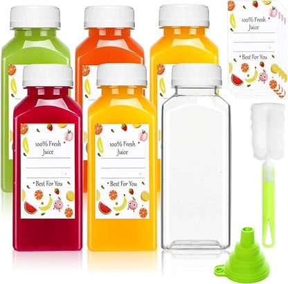 Plastic Juice Bottles with Caps 6 pcs - 12oz Reusable Juice Containers with Tamper Proof Lids White - Clear Juicing Bottles for Juicing Milk Smoothie Drinking and Other Beverages Christmas Gifts