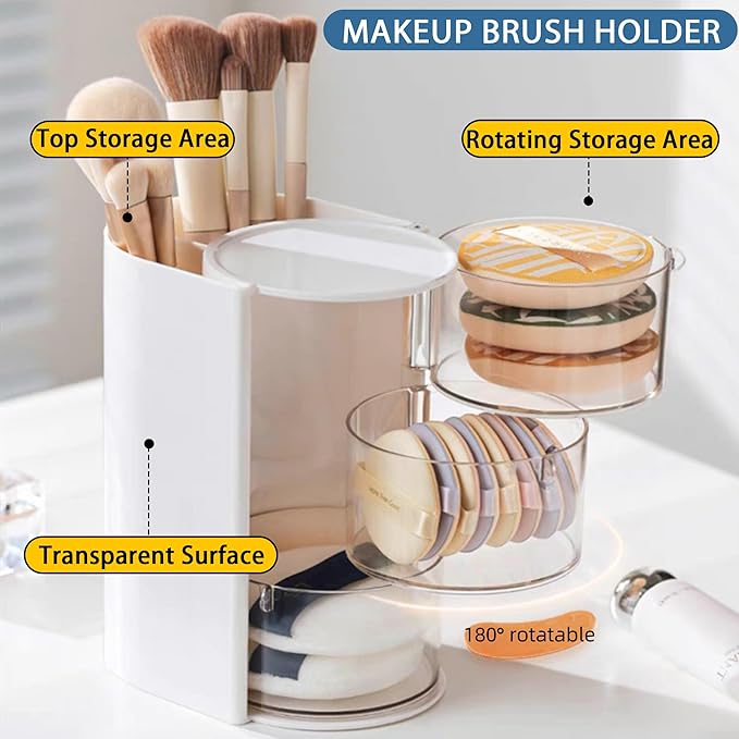 Azurphoric Hair Accessories Organizer with Hair Brush Holder, Rotatable Makeup Brush Holder for Necklaces, Earring, Bracelet, Ring, Makeup Brushes, Hair Clip and Hair Accessories (White, 3-Layer)