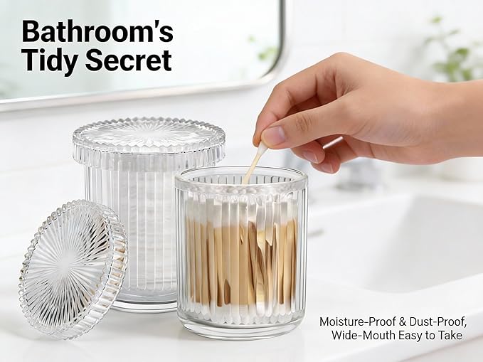 2 Pack Glass Qtip Holder Dispenser Set - Bathroom Organizer for Cotton Swabs, Balls, Pads, Floss Picks - Clear Apothecary Jars for Vanity, Makeup Storage, Bathroom Accessories Decor (Clear)