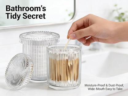 2 Pack Glass Qtip Holder Dispenser Set - Bathroom Organizer for Cotton Swabs, Balls, Pads, Floss Picks - Clear Apothecary Jars for Vanity, Makeup Storage, Bathroom Accessories Decor (Clear)