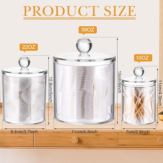 Meanplan Plastic Apothecary Jars with Lids Acrylic Holder Dispenser for Bathroom, 10/22/39 oz Clear Plastic Storage Jars Floss Container for Swab Cotton Ball, 3 Sizes(6 Pack,Acrylic Lid)