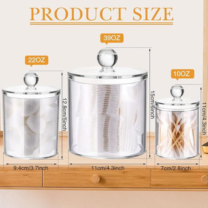 Meanplan Plastic Apothecary Jars with Lids Acrylic Holder Dispenser for Bathroom, 10/22/39 oz Clear Plastic Storage Jars Floss Container for Swab Cotton Ball, 3 Sizes(6 Pack,Acrylic Lid)