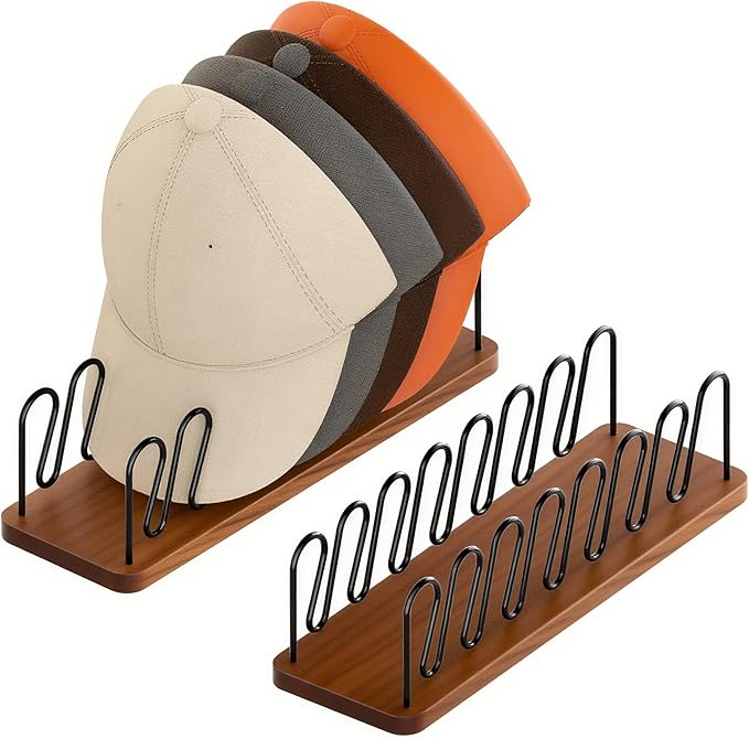 UdoUto Hat Organizer -2 PacK | Wood & Metal Hat Rack Holds 14 Caps | Space-Saving Closet Shelf Organizer for Bedroom, Dresser, Entryway