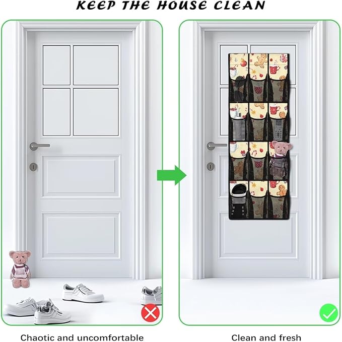 The Gingerbread Cookie Shoe Organizer Over The Door for Merry Christmas Door Hanging Shoe Organizer for Living Room,Easy to Install and Space Saving Wall Hanging Storage, 4 Metal Hook