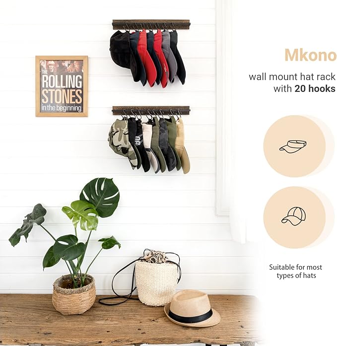 Mkono Hat Rack for Wall Wooden Baseball Caps Organizer with 20 Hooks Rustic Cowboy Hanger Mounted Hats Display Closet Bedroom Entryway, Set of 2, Brown