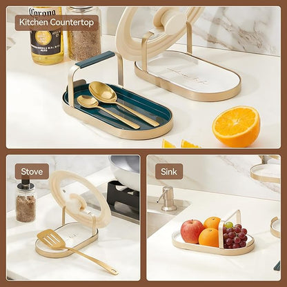 Pot Lid Holder While Cooking, Detachable Drip Tray Design Kitchen Pot Lid and Spoon Holder, Lid Holder for Pots and Pans, Space-Saving Organizer for Countertop & Stovetop (White)