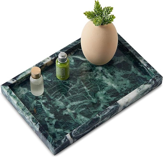 Real Natural Marble Tray for Bathroom, Vanity, Kitchen and Desktop, Rectangle Genuine Marble Stone Tray for Jewelry, Cosmetics, Candles, Lotion, Perfume (Snowflake-Green, 12" x 8" x 1.2")