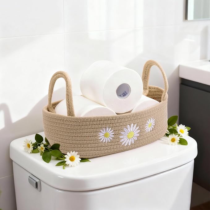 Vesici Daisy Toilet Paper Basket Boho Woven Cotton Rope Bathroom Countertop Organizer with Handle Beige Bathroom Storage Decor for Toilet Closet Bedroom Nursery Toys Organizing, 13 x 6 x 4 Inch