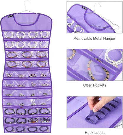 Hanging Jewelry Organizer Dual Sided 84 Clear Pockets and 6 Hook Loops Storage for Holding Jewelries Hair Accessories Dress Shaped Earring Holder (84 Pockets and 6 Hook Loops -Purple)