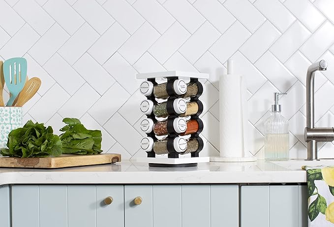Orii 16 Jar Rotating White Spice Rack with Spices Included & 5-Year Spice Refill Program – Compact Countertop Spice Rack with Glass Jars