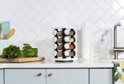 Orii 16 Jar Rotating White Spice Rack with Spices Included & 5-Year Spice Refill Program – Compact Countertop Spice Rack with Glass Jars